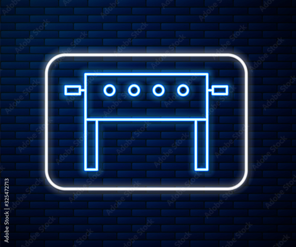 闪耀的霓虹线冰球桌图标隔离在砖墙背景上。矢量插图