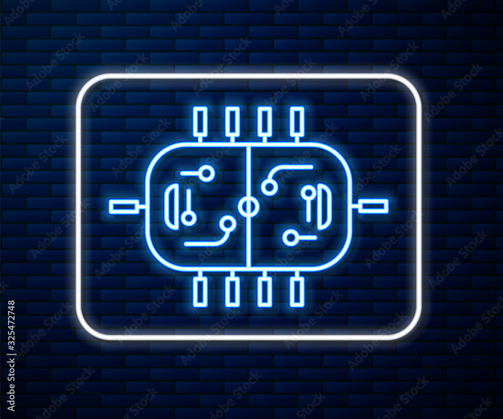 闪耀的霓虹线冰球桌图标隔离在砖墙背景上。矢量插图