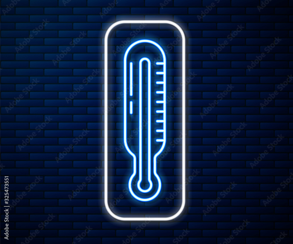 Glowing neon line Meteorology thermometer measuring icon isolated on brick wall background. Thermome