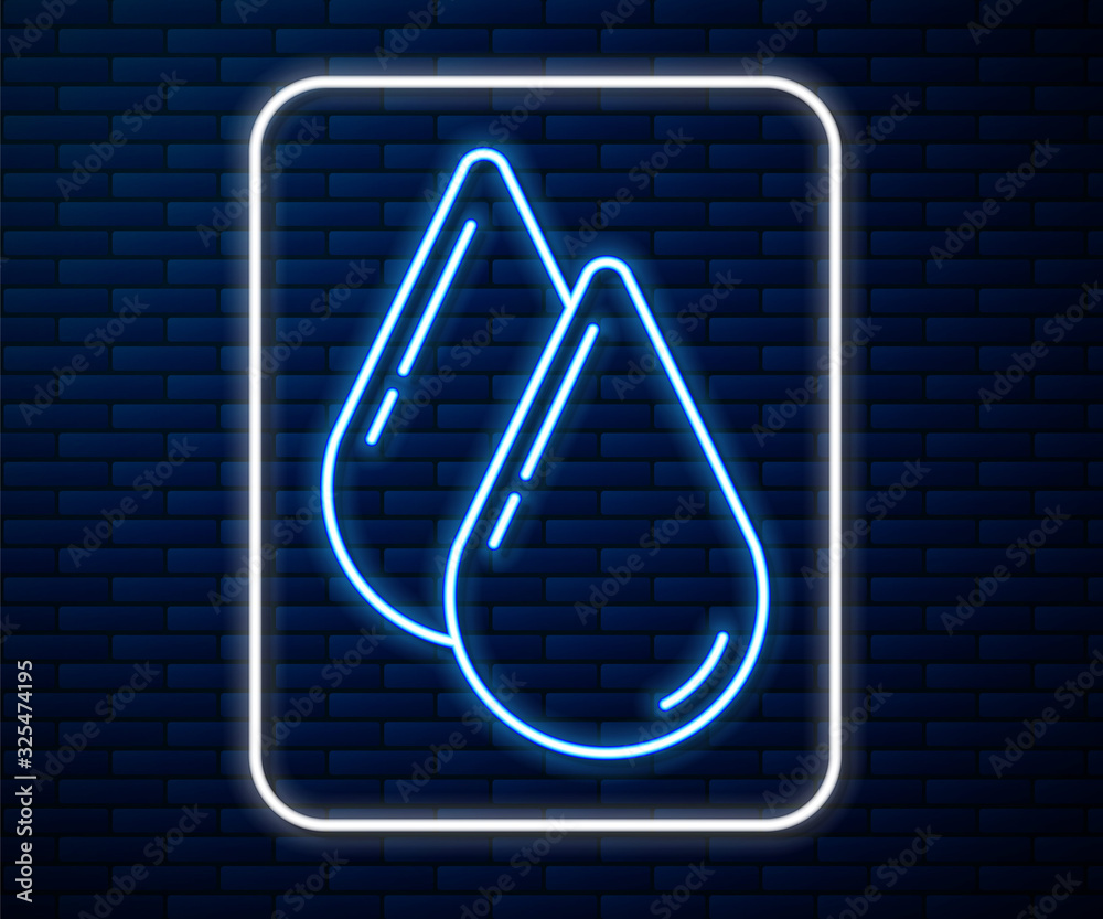 Glowing neon line Water drop icon isolated on brick wall background. Vector Illustration