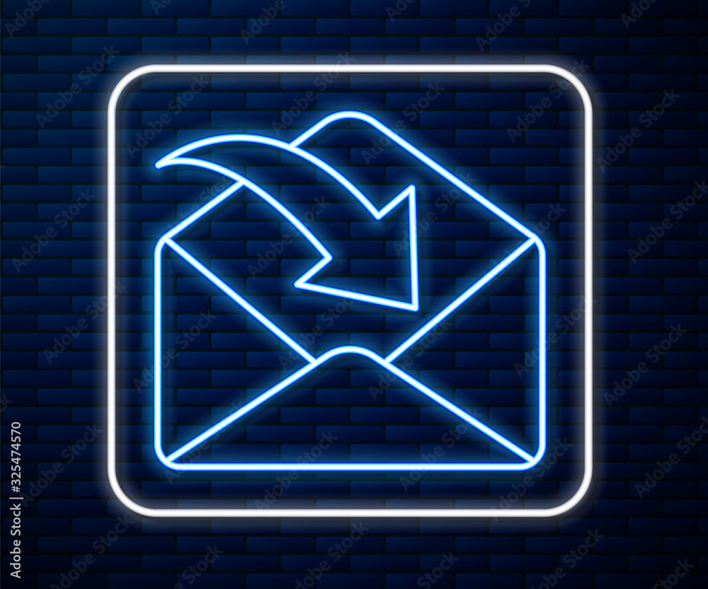 Glowing neon line Envelope icon isolated on brick wall background. Received message concept. New, em