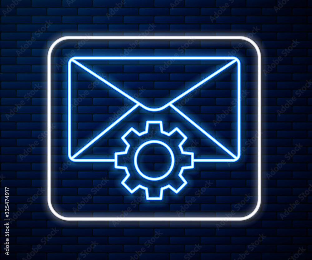 Glowing neon line Envelope setting icon isolated on brick wall background. Vector Illustration