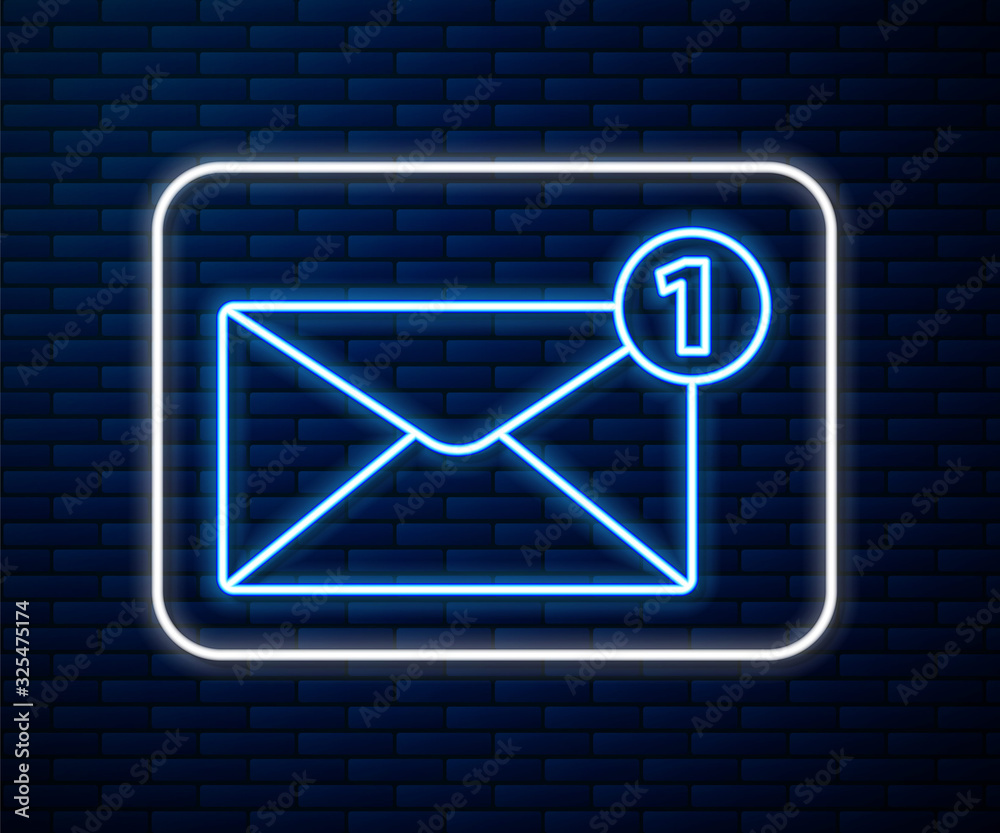 Glowing neon line Envelope icon isolated on brick wall background. Received message concept. New, em