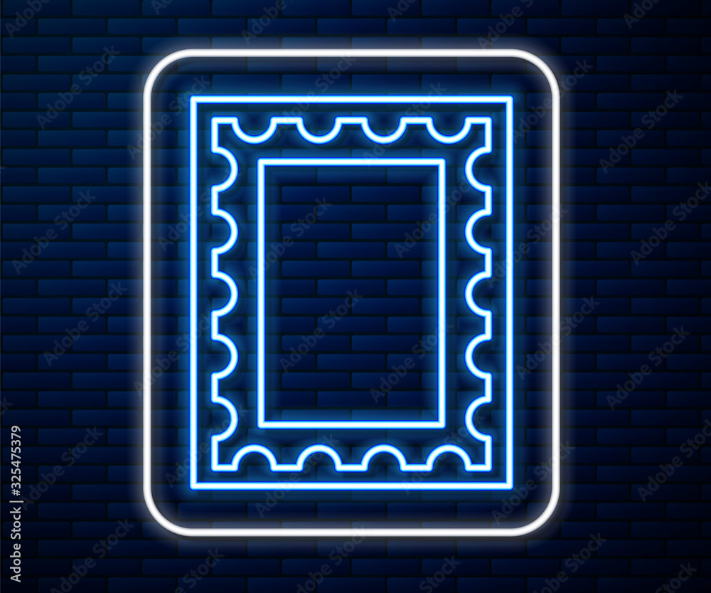 Glowing neon line Postal stamp icon isolated on brick wall background. Vector Illustration