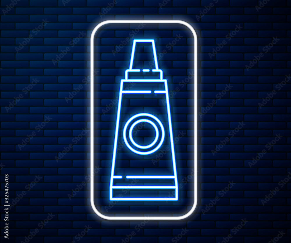 Glowing neon line Tube with paint palette icon isolated on brick wall background. Vector Illustratio