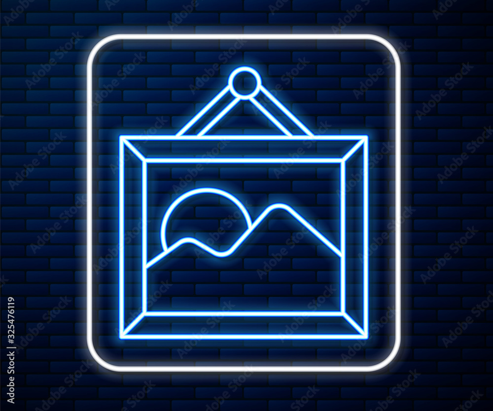 Glowing neon line Picture landscape icon isolated on brick wall background. Vector Illustration