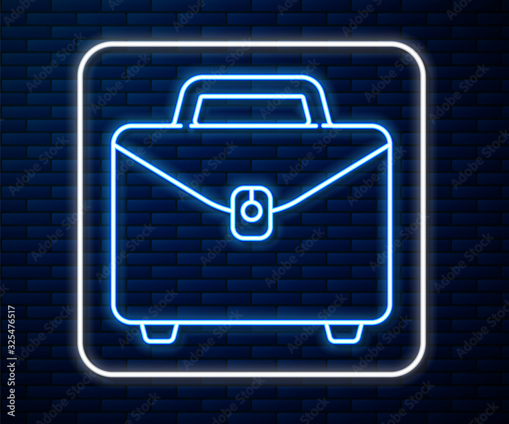 Glowing neon line Briefcase icon isolated on brick wall background. Business case sign. Business por