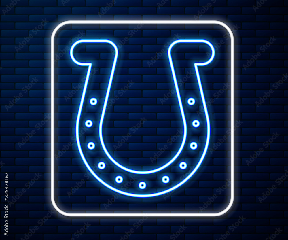 Glowing neon line Horseshoe icon isolated on brick wall background. Vector Illustration