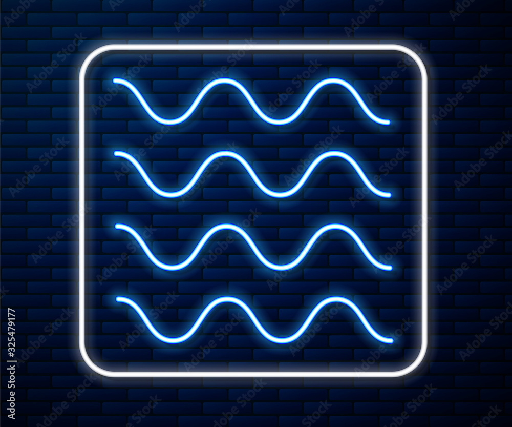 在砖墙背景上隔离的发光霓虹线波浪图标。矢量插图