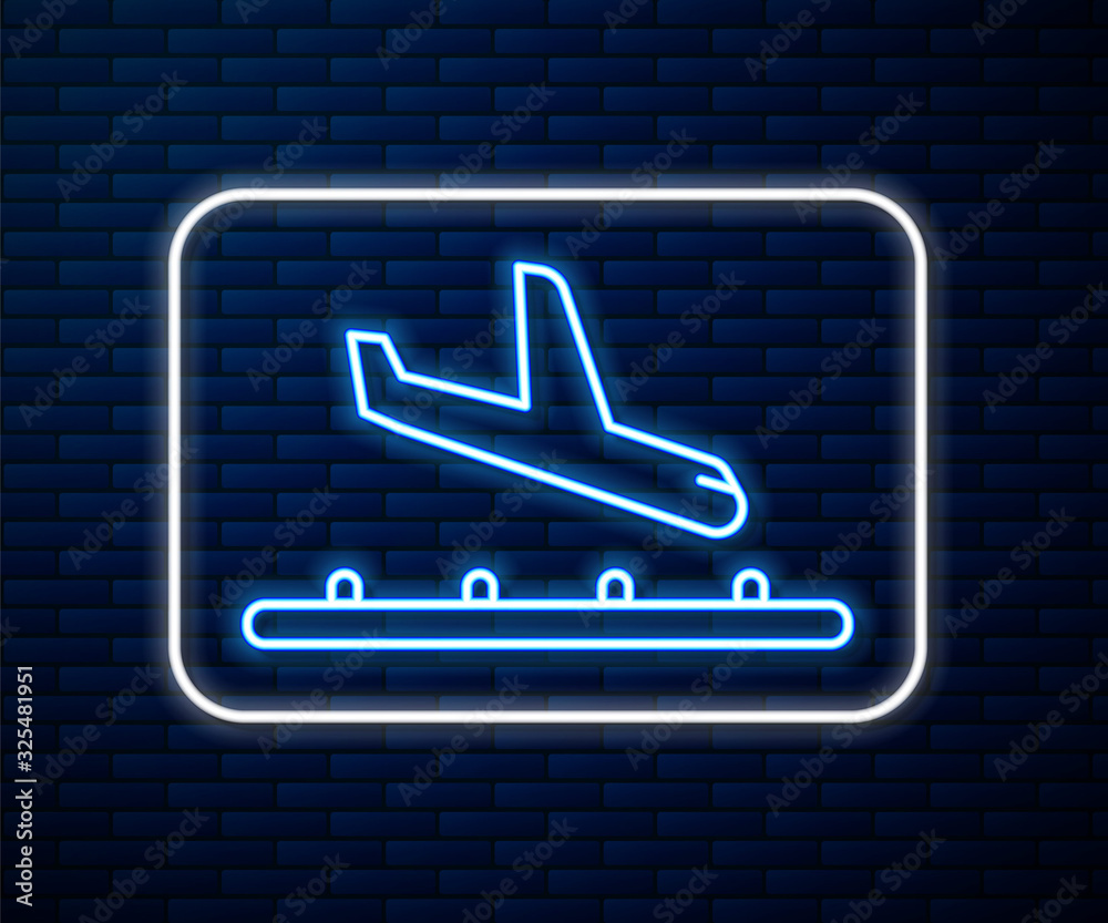 Glowing neon line Plane landing icon isolated on brick wall background. Airplane transport symbol. V