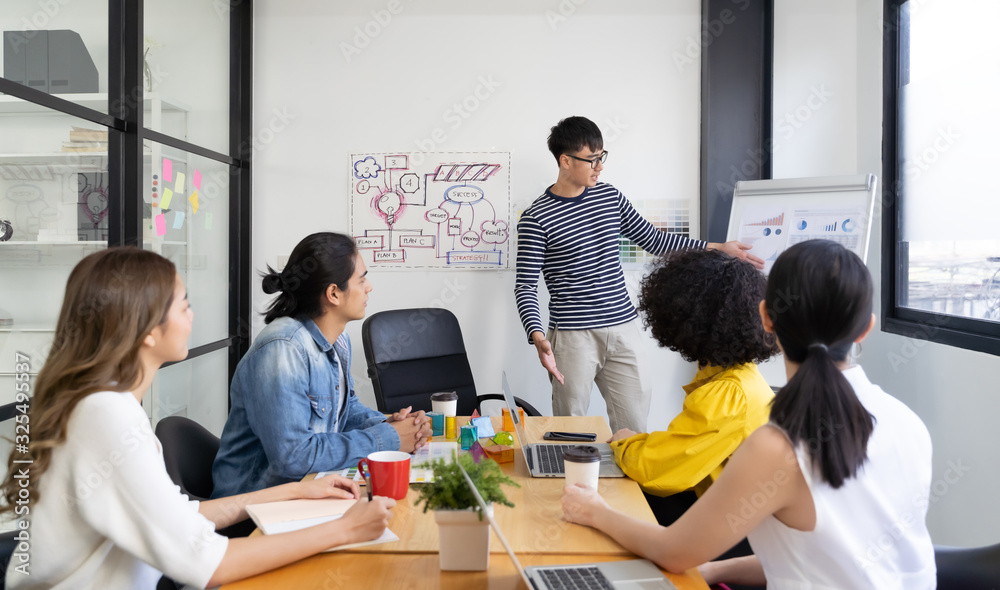 Group of Asian businessman writing on whiteboard during business presentation business people team m