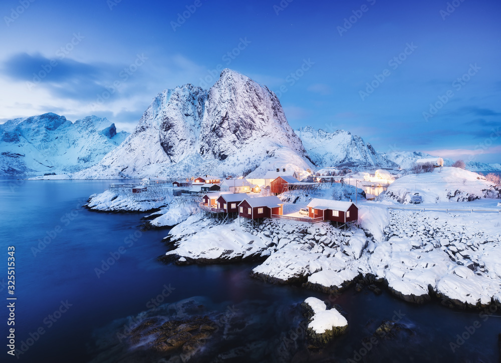 View on the house in the Hamnoy village, Lofoten Islands, Norway. Landscape in winter time during bl