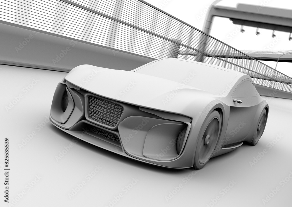 Clay rendering of electric powered sports coupe driving on the highway.  3D rendering image. 