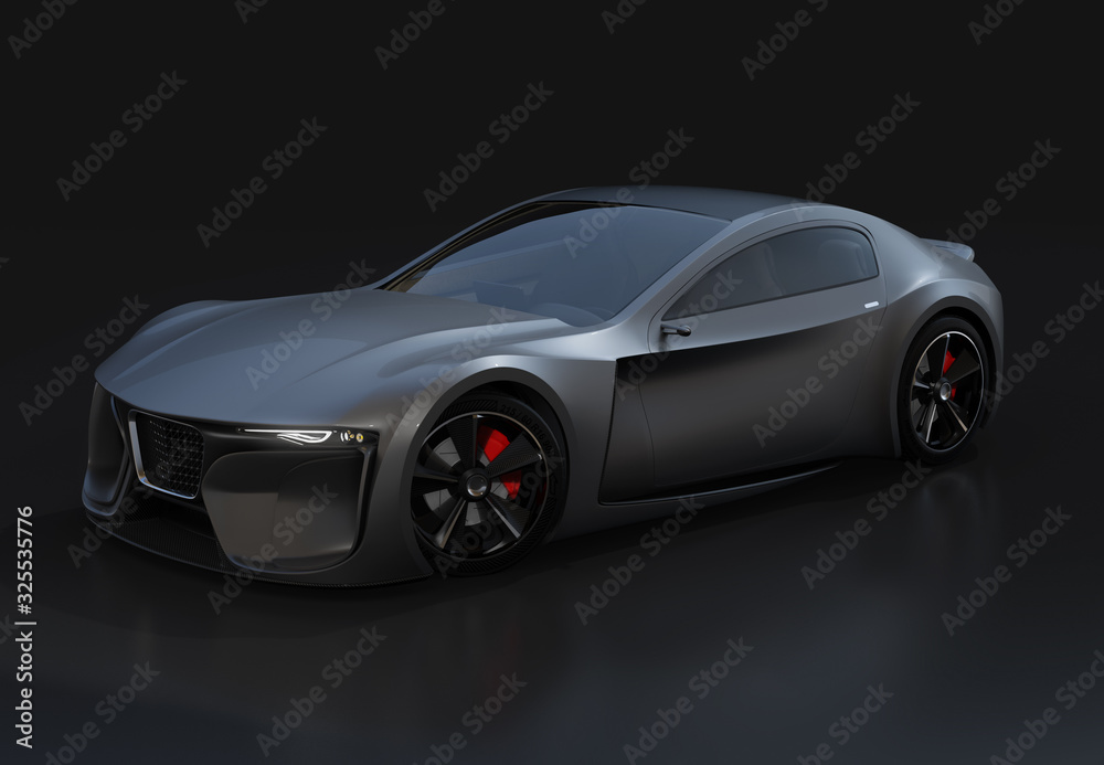 Metallic black electric powered sports coupe on black background. 3D rendering image. Original desig