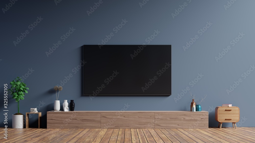 LED TV on the dark wall in living room,minimal design.