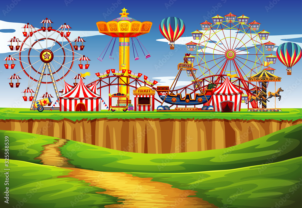 Circus scene with many rides at day time