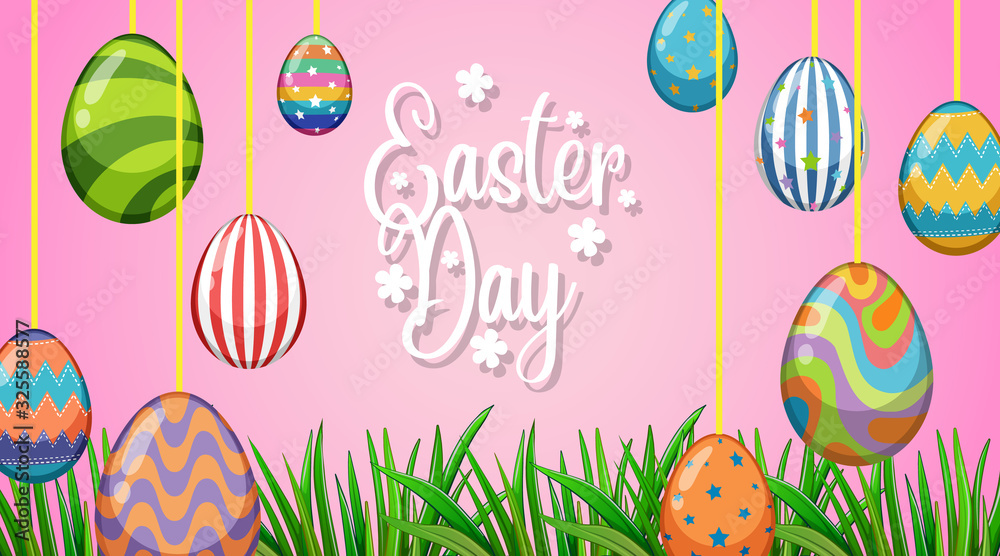 Poster design for easter with decorated eggs in the garden