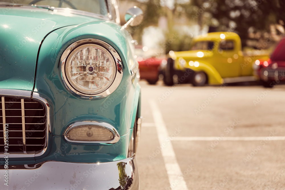 Old vintage car headlights close-up