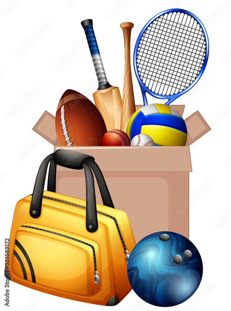 Cardboard box full of sport equipments on white background