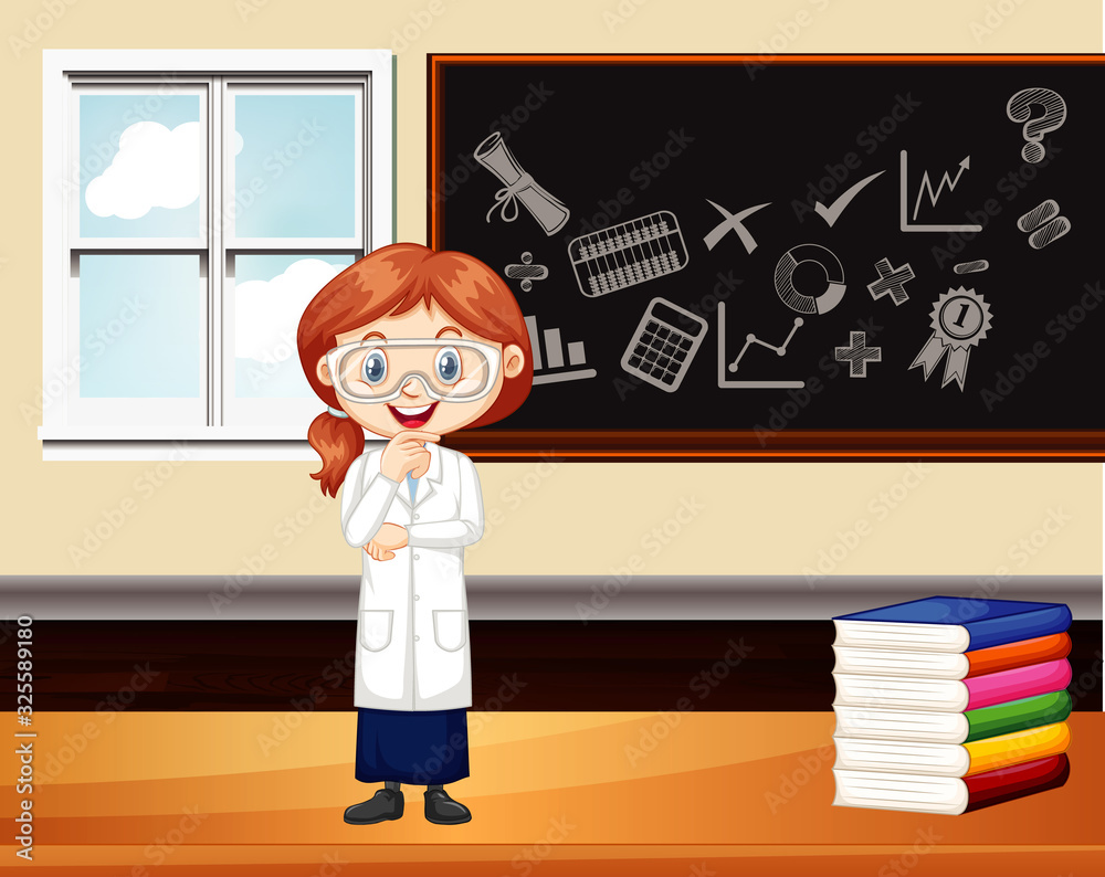 Classroom scene with science student by the board