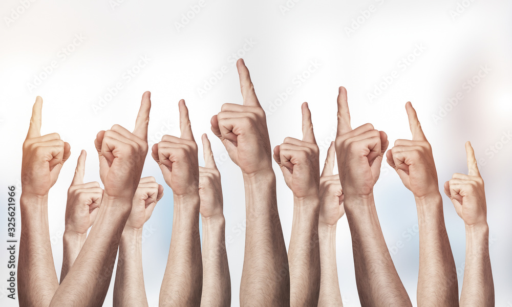 Row of man hands showing finger pointing gesture