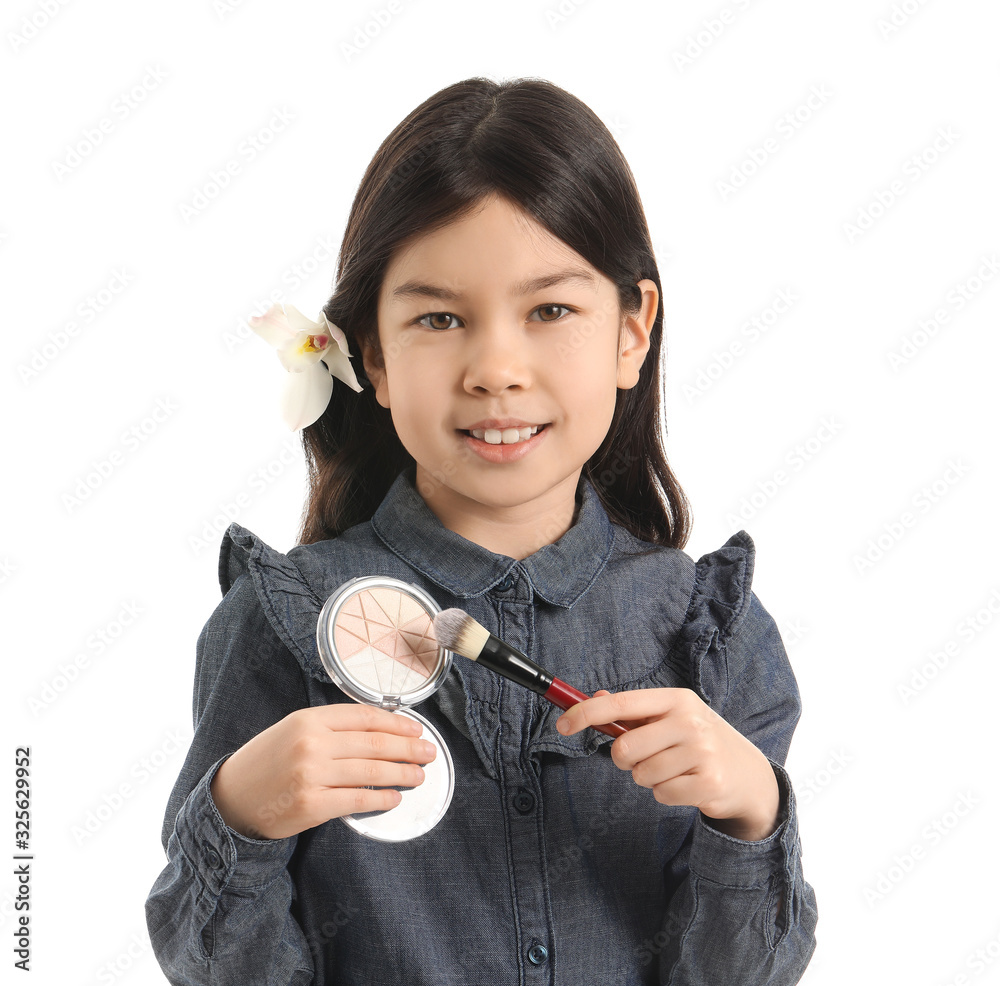 Cute little makeup artist on white background