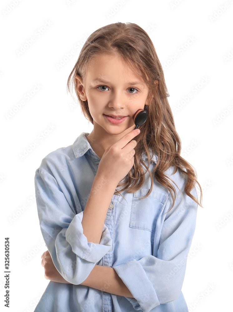 Cute little makeup artist on white background