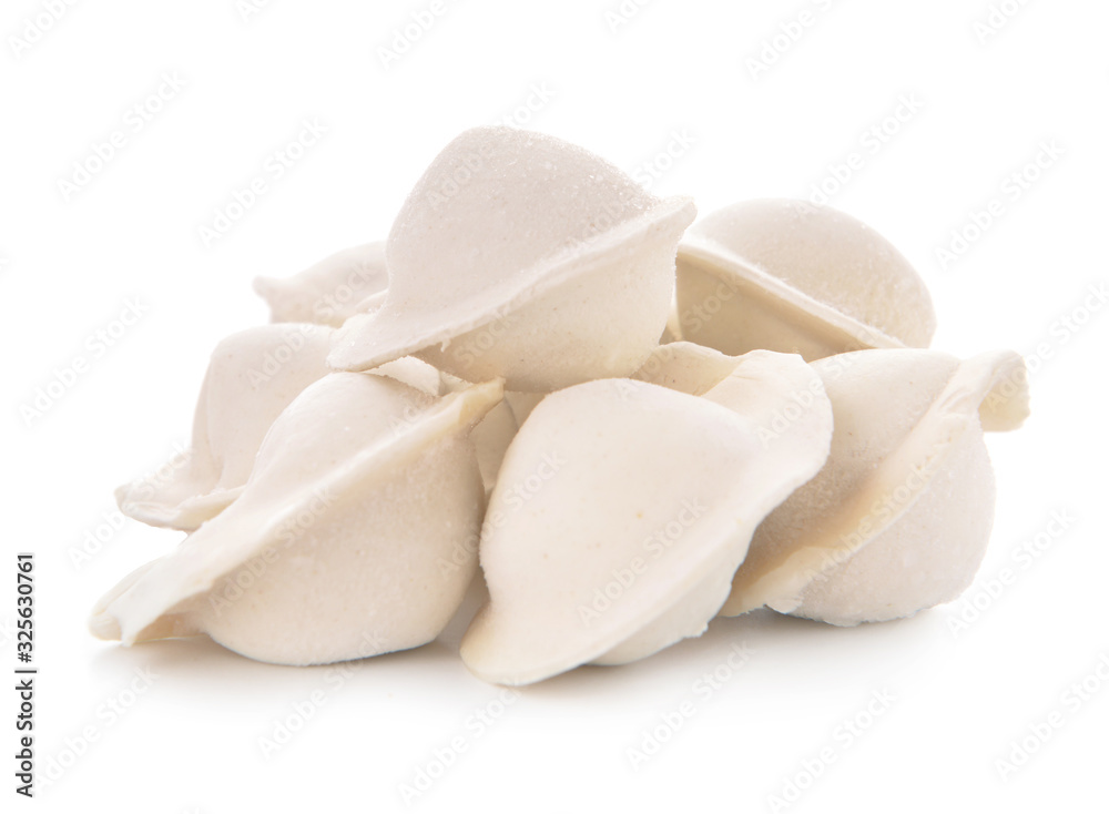 Raw fresh dumplings on white background