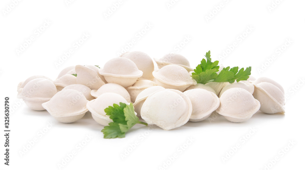 Raw fresh dumplings on white background