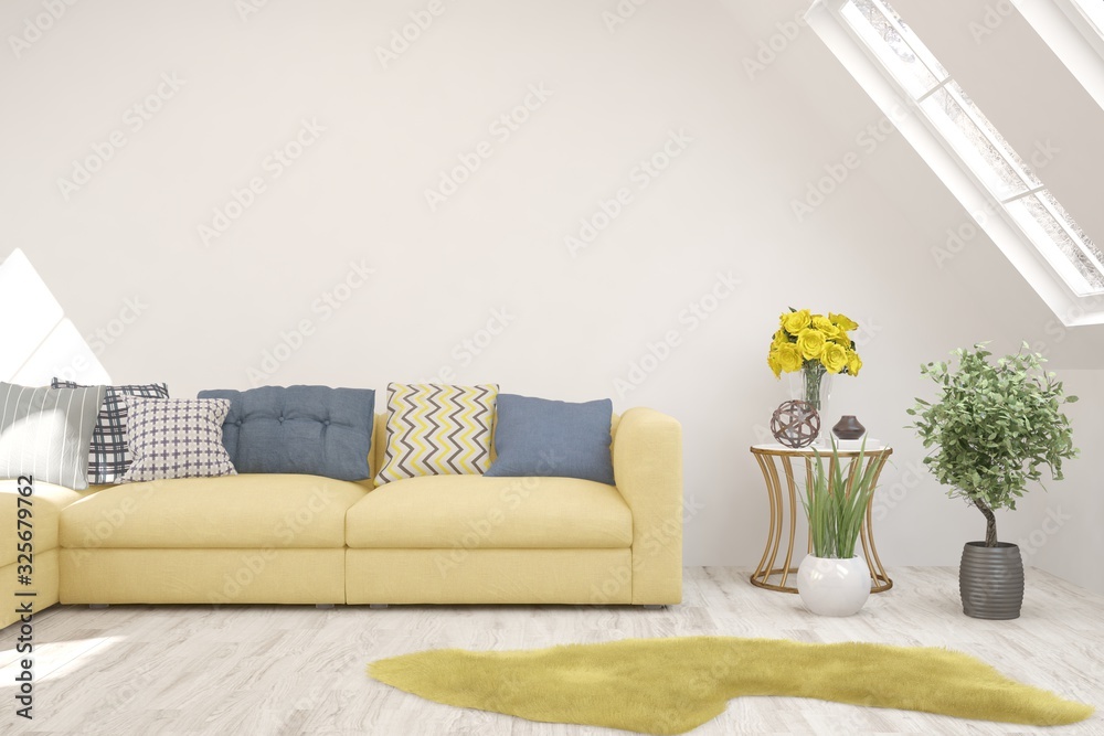 Modern living room in white color with sofa. Scandinavian interior design. 3D illustration