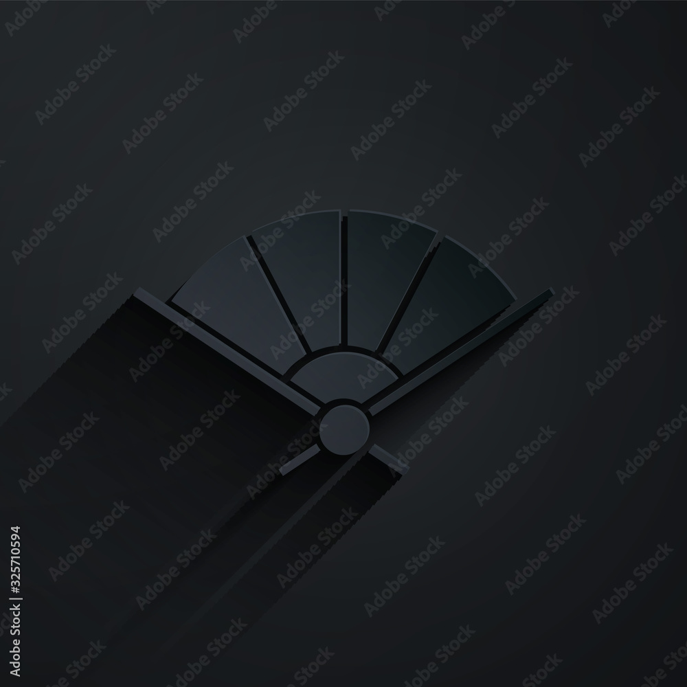 Paper cut Traditional paper chinese or japanese folding fan icon isolated on black background. Paper