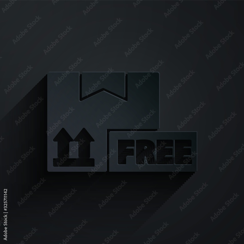 Paper cut Cardboard box with free symbol icon isolated on black background. Box, package, parcel. De