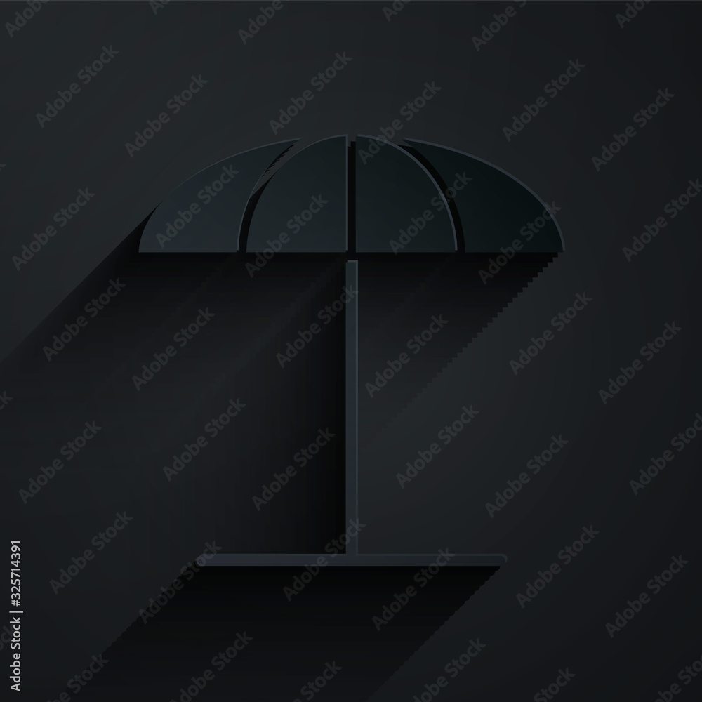 Paper cut Sun protective umbrella for beach icon isolated on black background. Large parasol for out