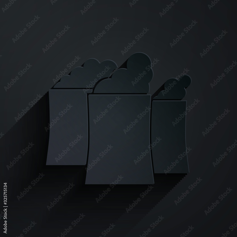 Paper cut Oil and gas industrial factory building icon isolated on black background. Paper art style