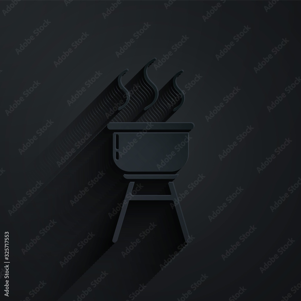 Paper cut Barbecue grill icon isolated on black background. BBQ grill party. Paper art style. Vector