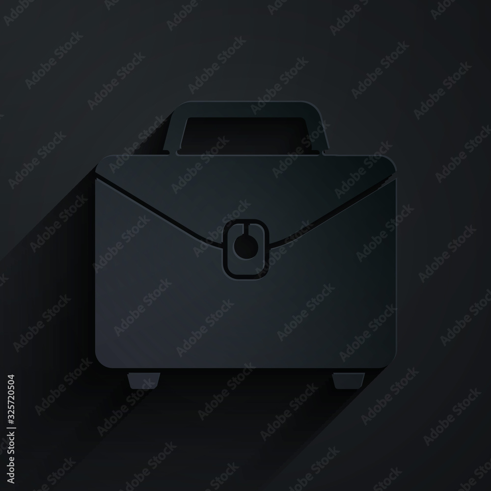 Paper cut Briefcase icon isolated on black background. Business case sign. Business portfolio. Paper