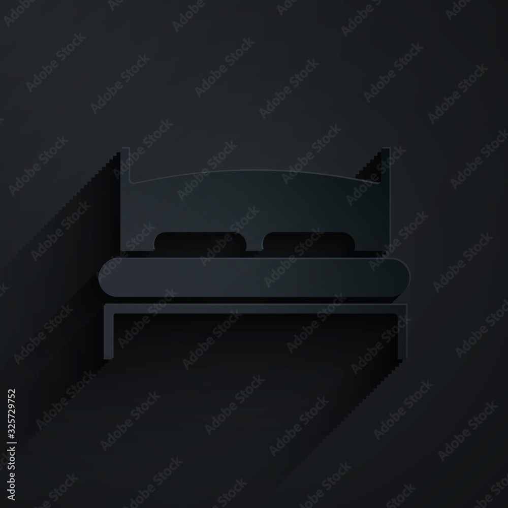 Paper cut Big bed for two or one person icon isolated on black background. Paper art style. Vector I