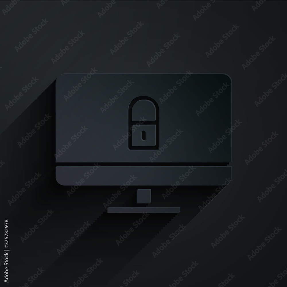 Paper cut Lock on computer monitor screen icon isolated on black background. Security, safety, prote