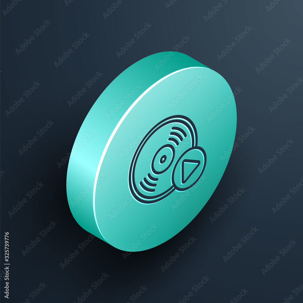 Isometric line Vinyl disk icon isolated on black background. Turquoise circle button. Vector Illustr