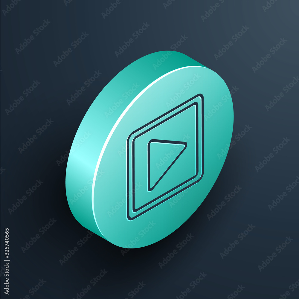 Isometric line Play in square icon isolated on black background. Turquoise circle button. Vector Ill