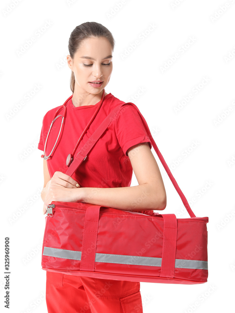 Female paramedic with bag on white background