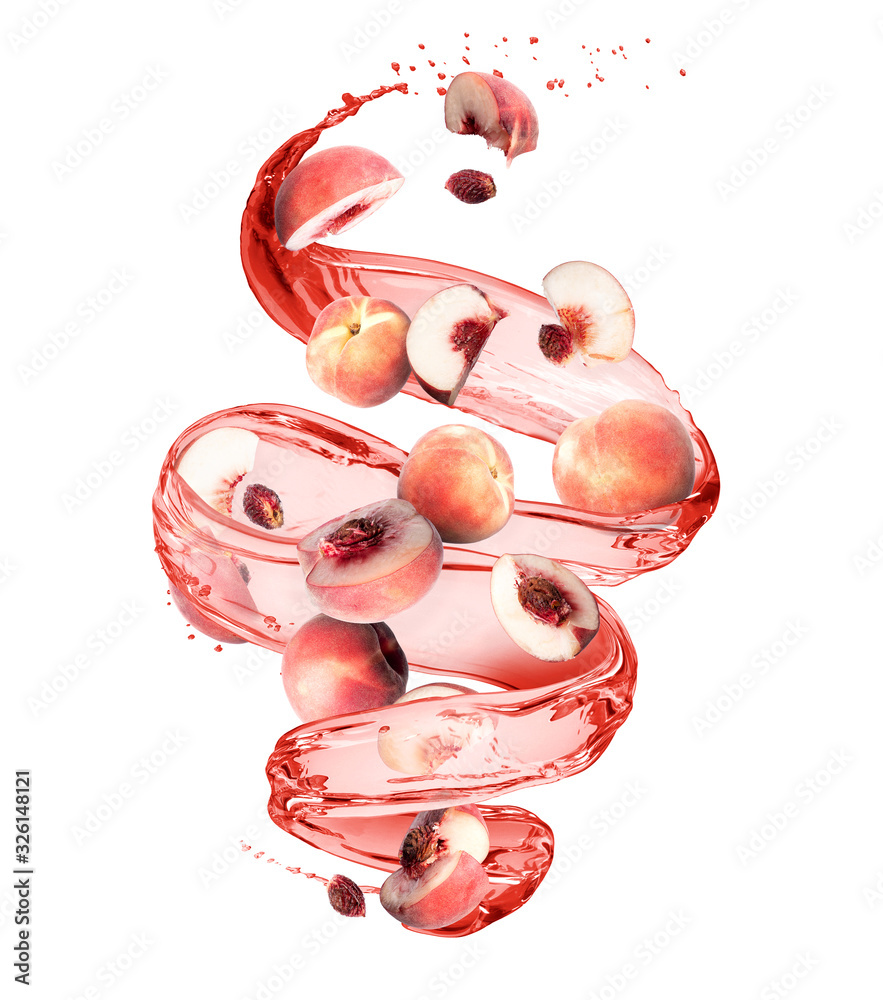 Peaches with splashes of juice in a swirling shape, isolated on white background