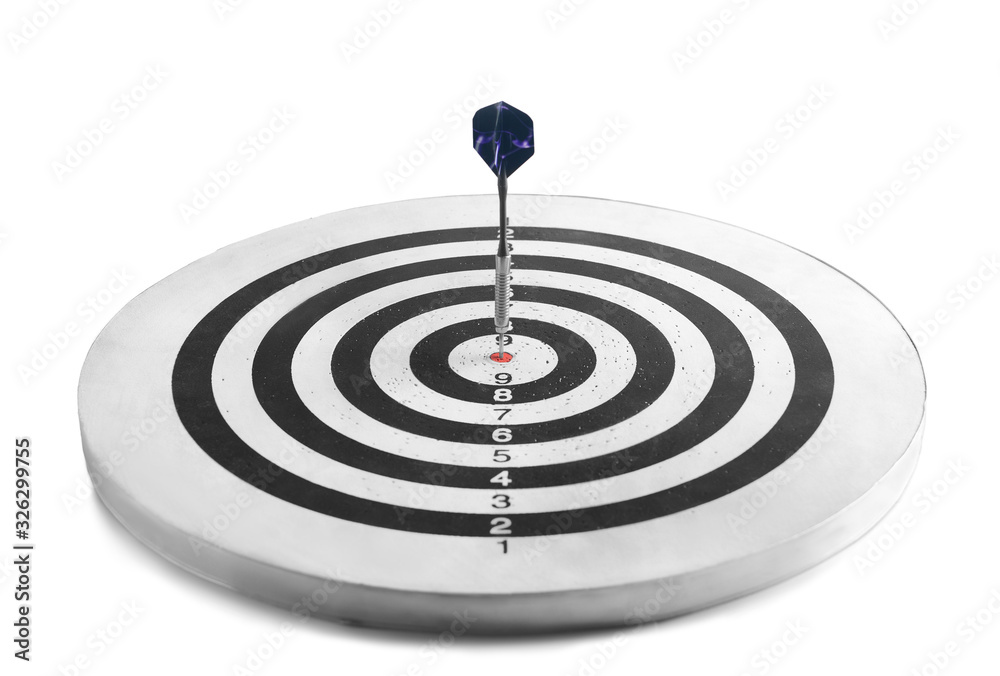 Dartboard with hit bullseye on white background