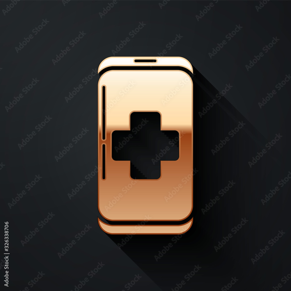 Gold Emergency mobile phone call to hospital icon isolated on black background. Long shadow style. V