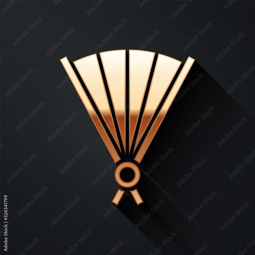 Gold Traditional paper chinese or japanese folding fan icon isolated on black background. Long shado