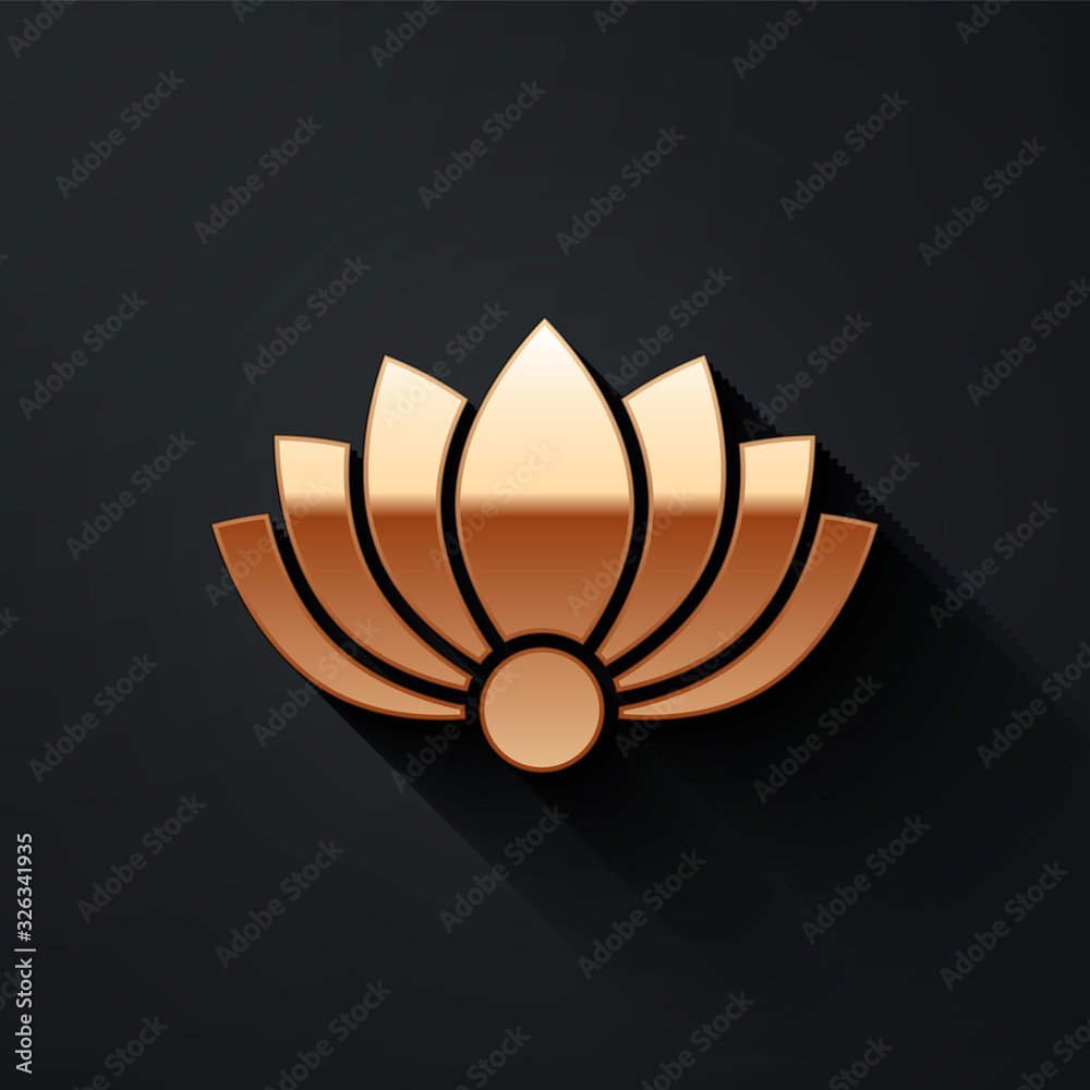 Gold Lotus flower icon isolated on black background. Long shadow style. Vector Illustration