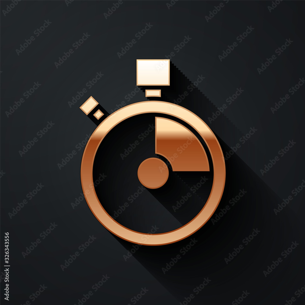 Gold Fast time delivery icon isolated on black background. Timely service, stopwatch in motion, dead