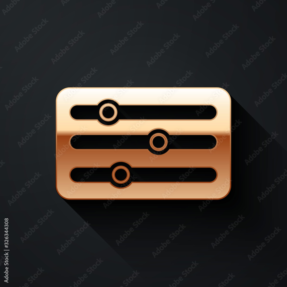 Gold Sound mixer controller icon isolated on black background. Dj equipment slider buttons. Mixing c