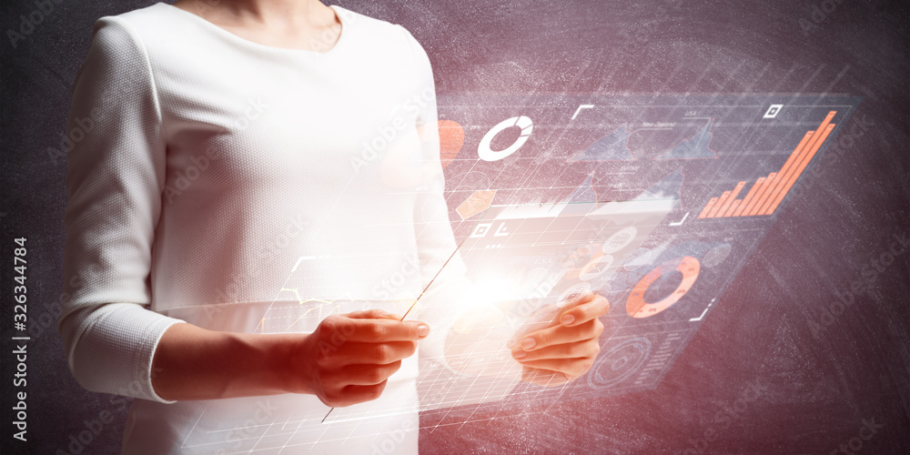 Woman hand touching virtual screen with pen