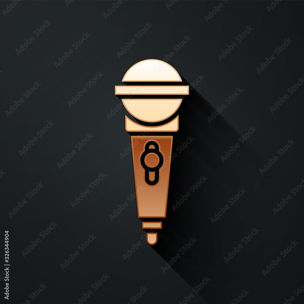 Gold Microphone icon isolated on black background. On air radio mic microphone. Speaker sign. Long s